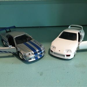 Brian’s fast and the furious Nissan skyline R34 and Toyota Supra Mk4 toy cars